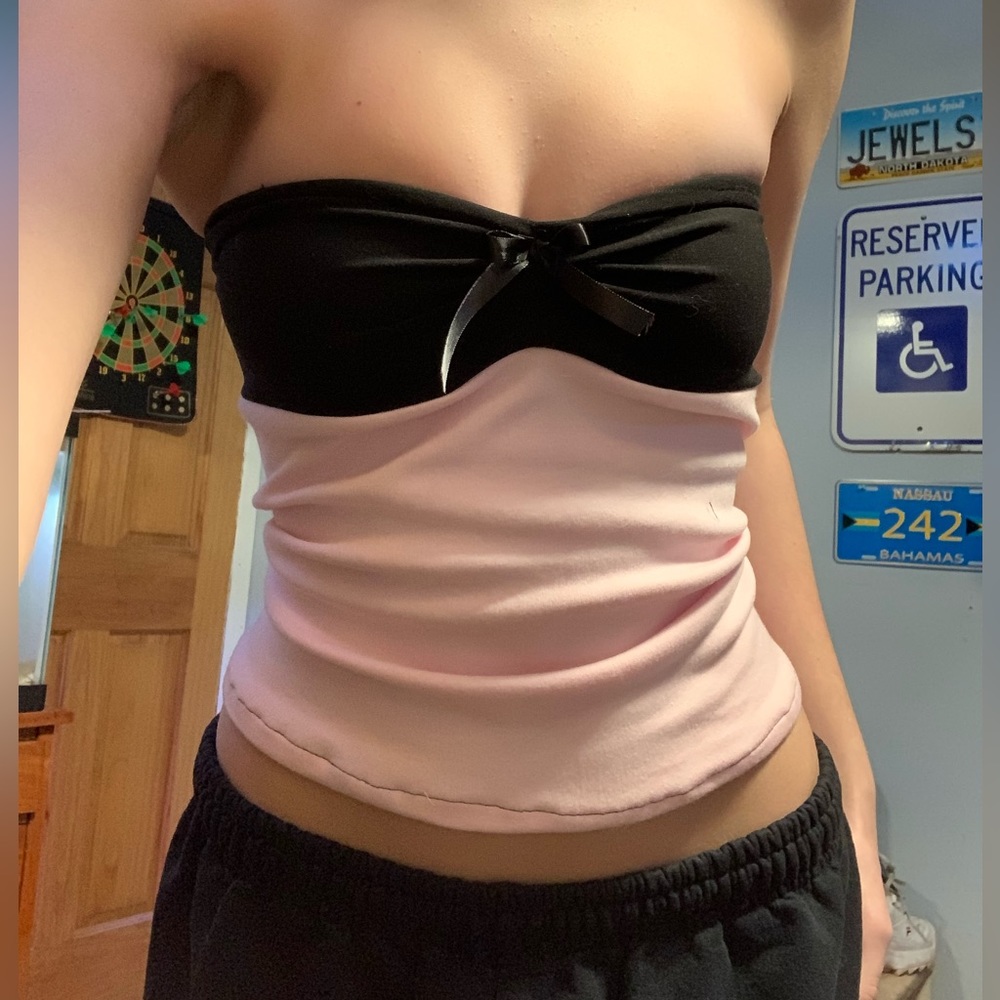 Pink and black strapless top